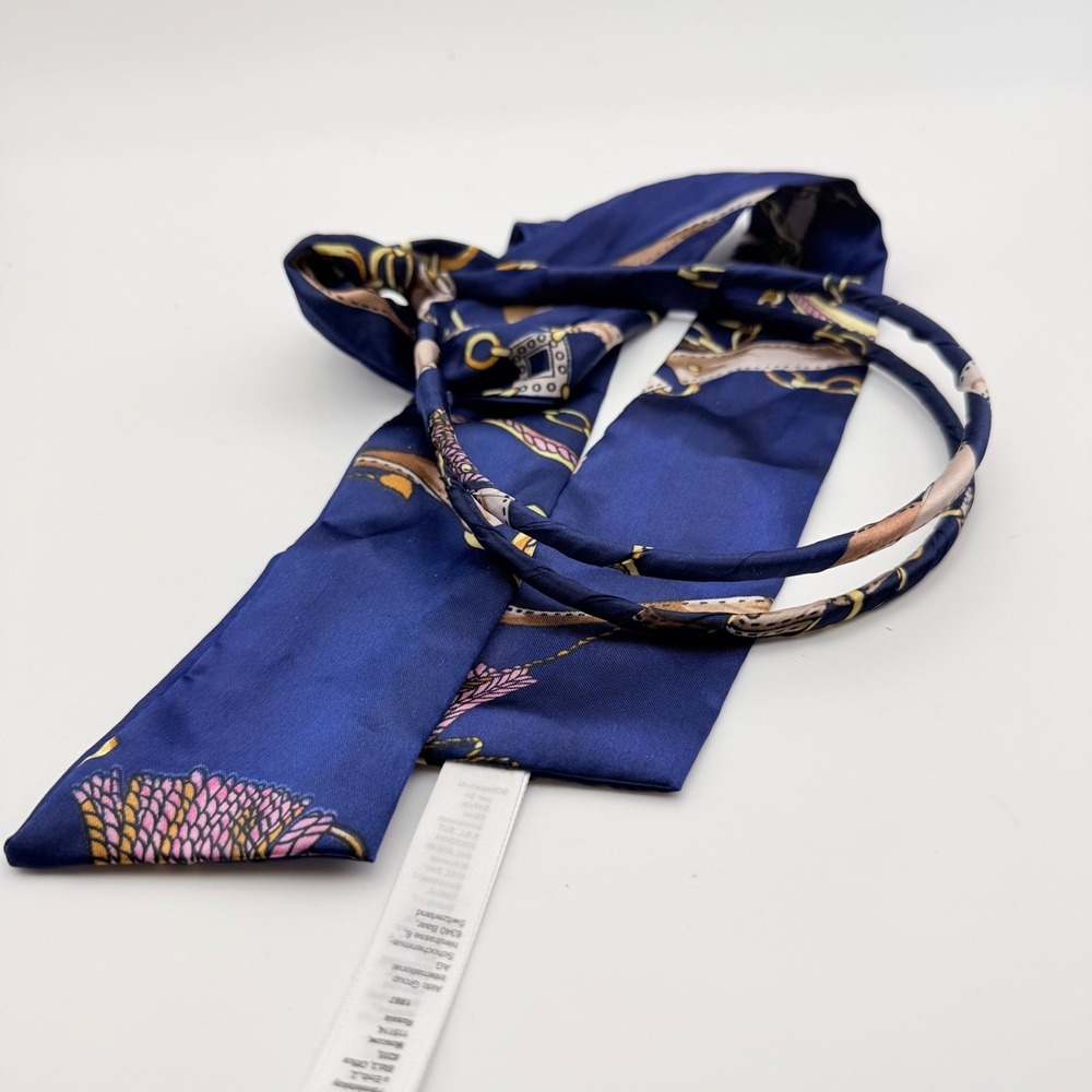 Aldo Headband Womens Navy Blue Chain Print Satin Bow Hair Accessory Preppy